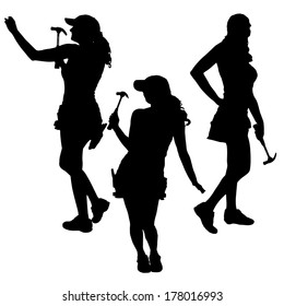 Vector silhouette of a woman working with tools on a white background.
