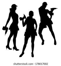 Vector silhouette of a woman working with tools on a white background.