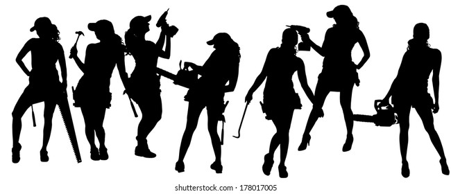 Vector silhouette of a woman working with tools on a white background.