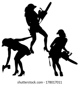 Vector silhouette of a woman working with tools on a white background.