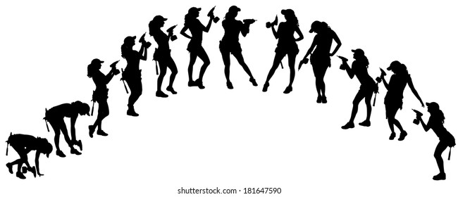 Vector silhouette of a woman working with tools on a white background.