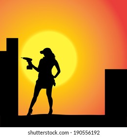 Vector silhouette of a woman working with tools at sunset.