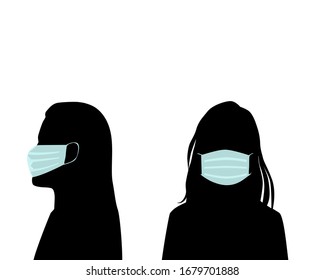  Vector silhouette of a woman's head full face and profile avatar in a medical mask, protecting people from coronavirus, black color, isolated on a white background