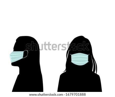  Vector silhouette of a woman's head full face and profile avatar in a medical mask, protecting people from coronavirus, black color, isolated on a white background
