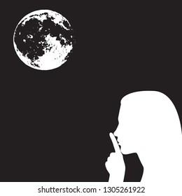 Vector Silhouette of a woman's head in a profile showing the gesture "Quiet" with the index finger near the lips white on a black background with a white full moon