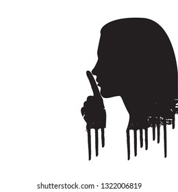 Vector Silhouette of a woman's head in a profile showing the gesture "Quiet" with the index finger near the lips, with the current black ink drops and blots on a white background for your text