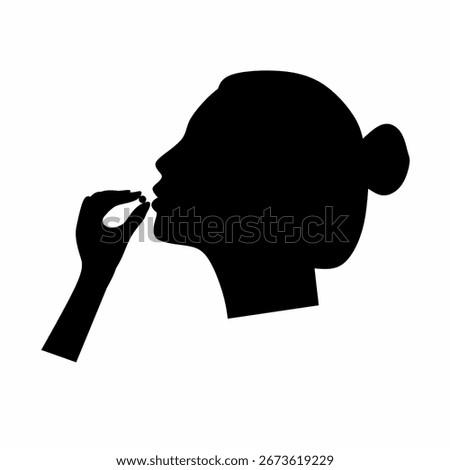 vector silhouette of a woman's head taking pills. Long-haired woman's head with open mouth and hand holding pills. Isolated on white background.