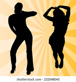 Vector silhouette women dancing on a colored background.