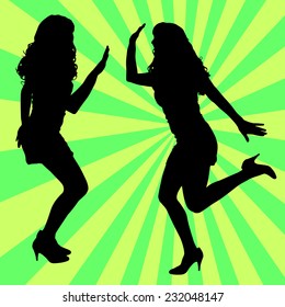 Vector silhouette women dancing on a colored background.