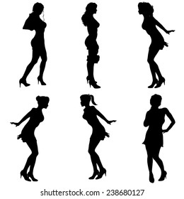 Vector silhouette women dancing on white background.