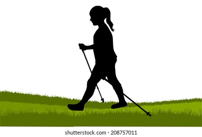 Vector silhouette of women with Nordic walking.