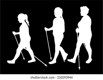 Vector silhouette of women with Nordic walking.