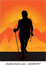 Vector silhouette of women with Nordic walking.