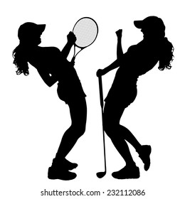 Vector silhouette of the women who plays golf and tennis.