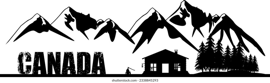 Vector silhouette - wooden cabin in the mountains in Canada