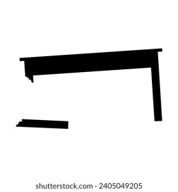 Vector silhouette of a wooden table with broken legs. The table appears tilted against the white background.