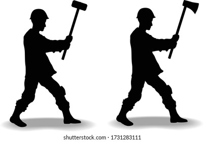 Vector silhouette of a worker with an axe and a hammer.