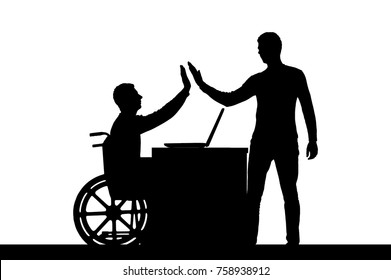 Vector silhouette worker disabled male in a wheelchair with an employee at work. Conceptual scene, element for design