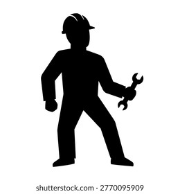 Vector silhouette of a worker in a strong stance holding a wrench.