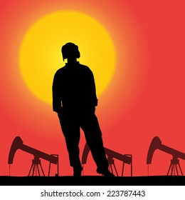 Vector silhouette of a worker at sunset.