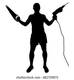 Vector silhouette of worker with tools. Profile of strong man with sportive body standing and holding whipsaw and drill in his hands.