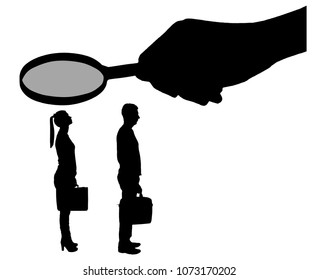 Vector silhouette of workers, man and woman. A hand with a magnifier over a woman. The concept of gender inequality in women in careers