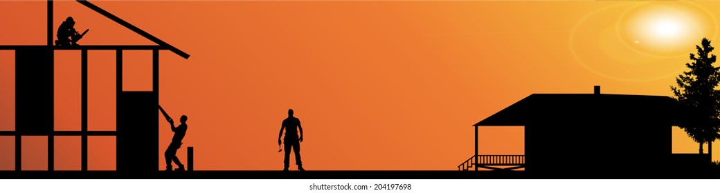 Vector silhouette of workers working at a construction site.
