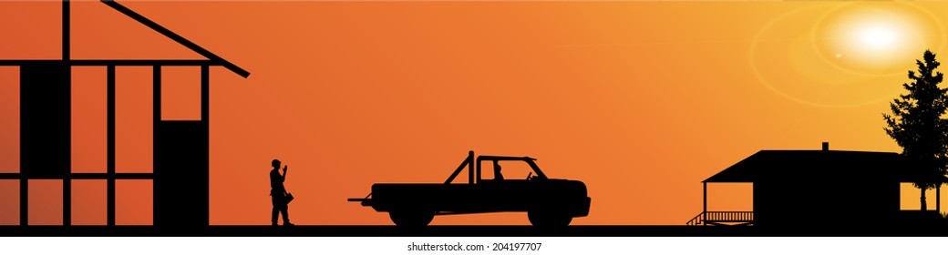 Vector silhouette of workers working at a construction site.