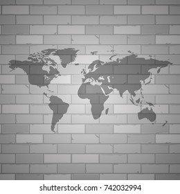 Vector silhouette of world map on a gray brick wall background