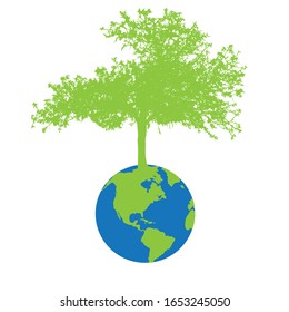 Vector silhouette of world from which it grows tree on white background. Symbol of save planet.
