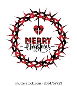 Silueta vectorial corona de espinas Dios Señor Jesucristo. Feliz Navidad Texto Leyendo caligrafía. Pañuelo rojo negro revisado Gingham Búfalo Lumberjack Tartán Fondo de patrón de trazo.Pegatina