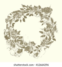 Vector silhouette wreath of roses and branches in the grunge style