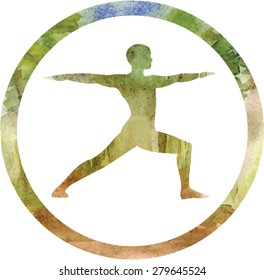 Vector Silhouette Of Yoga Man In Circle Frame With Watercolor Trees Texture