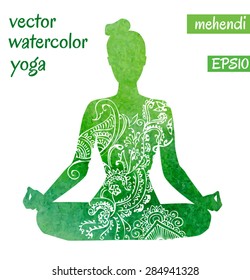 Vector silhouette of yoga woman with bright green watercolor texture and white ethnic ornament. 