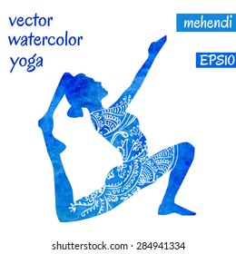 Vector silhouette of yoga woman with bright blue watercolor texture and white ethnic ornament.