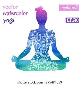 Vector silhouette of yoga woman with bright watercolor texture and white ethnic ornament. Beautiful hand drawn gradient texture in pink, purple, violet, blue and green colors.