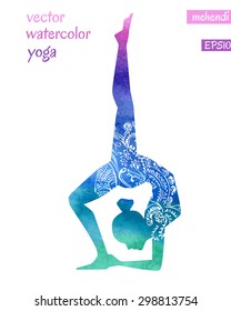 Vector silhouette of yoga woman with bright watercolor texture and white ethnic ornament. Beautiful hand drawn gradient texture in pink, purple, violet, blue and green colors. 