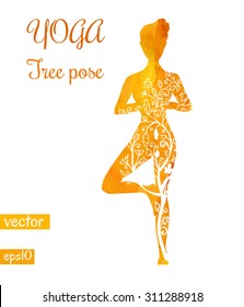 Vector silhouette of yoga woman with bright orange texture and floral ornament. Autumn colors and tree leaves decoration. Tree pose.