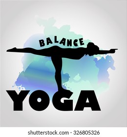 Vector silhouette of yoga woman with bright watercolor texture and white ethnic ornament. Beautiful hand drawn gradient texture in pink, purple, violet, blue and green colors.
