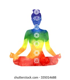 Vector silhouette of yoga woman with chakra symbols. Bright watercolor texture and white background. Padmasana - Lotus pose.