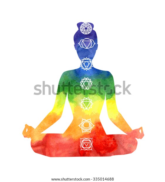 Vector silhouette of yoga woman with chakra\
symbols. Bright watercolor texture and white background. Padmasana\
- Lotus pose.
