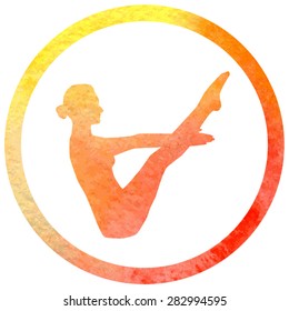 Vector silhouette of yoga woman in circle frame with bright orange watercolor texture. Full boat pose.