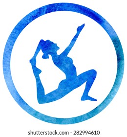 Vector silhouette of yoga woman in circle frame with bright blue watercolor texture.