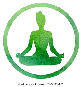 Vector silhouette of yoga woman in circle frame with bright green watercolor texture.