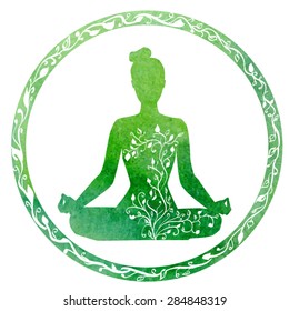 Vector silhouette of yoga woman in circle frame with bright green watercolor texture and floral ornament. 