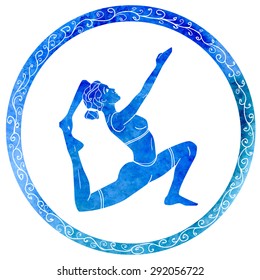 Vector silhouette of yoga woman in circle frame with bright blue watercolor texture. Freehand drawn doodle details and abstract ornament.