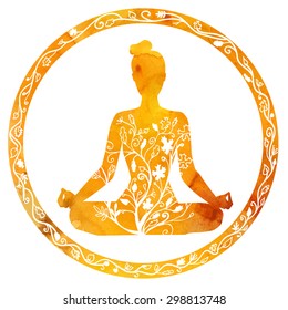 Vector silhouette of yoga woman in circle frame with bright orange watercolor texture and floral ornament. Autumn colors and tree leaves decoration. Lotus pose - Padmasana.