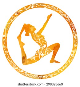 Vector silhouette of yoga woman in circle frame with bright orange watercolor texture and floral ornament. Autumn colors and tree leaves decoration.