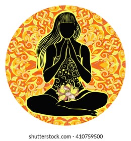 Vector silhouette of yoga woman in circle frame with bright orange texture and floral ornament. Lotus pose - Padmasana.