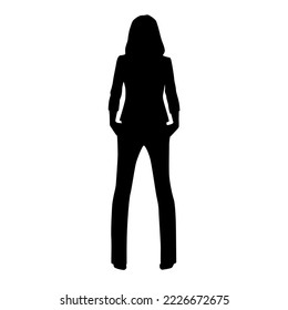 Vector silhouette of a young attractive slender woman in a business pantsuit, standing, black color, isolated on a white background